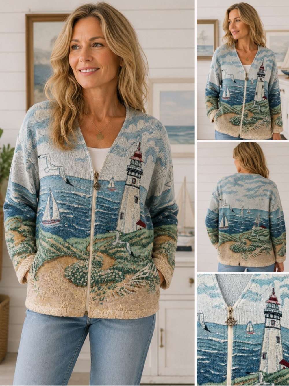 Vintage 90’s Art Unlimited M Lighthouse Coastal Tapestry Zip Jacket Cardigan